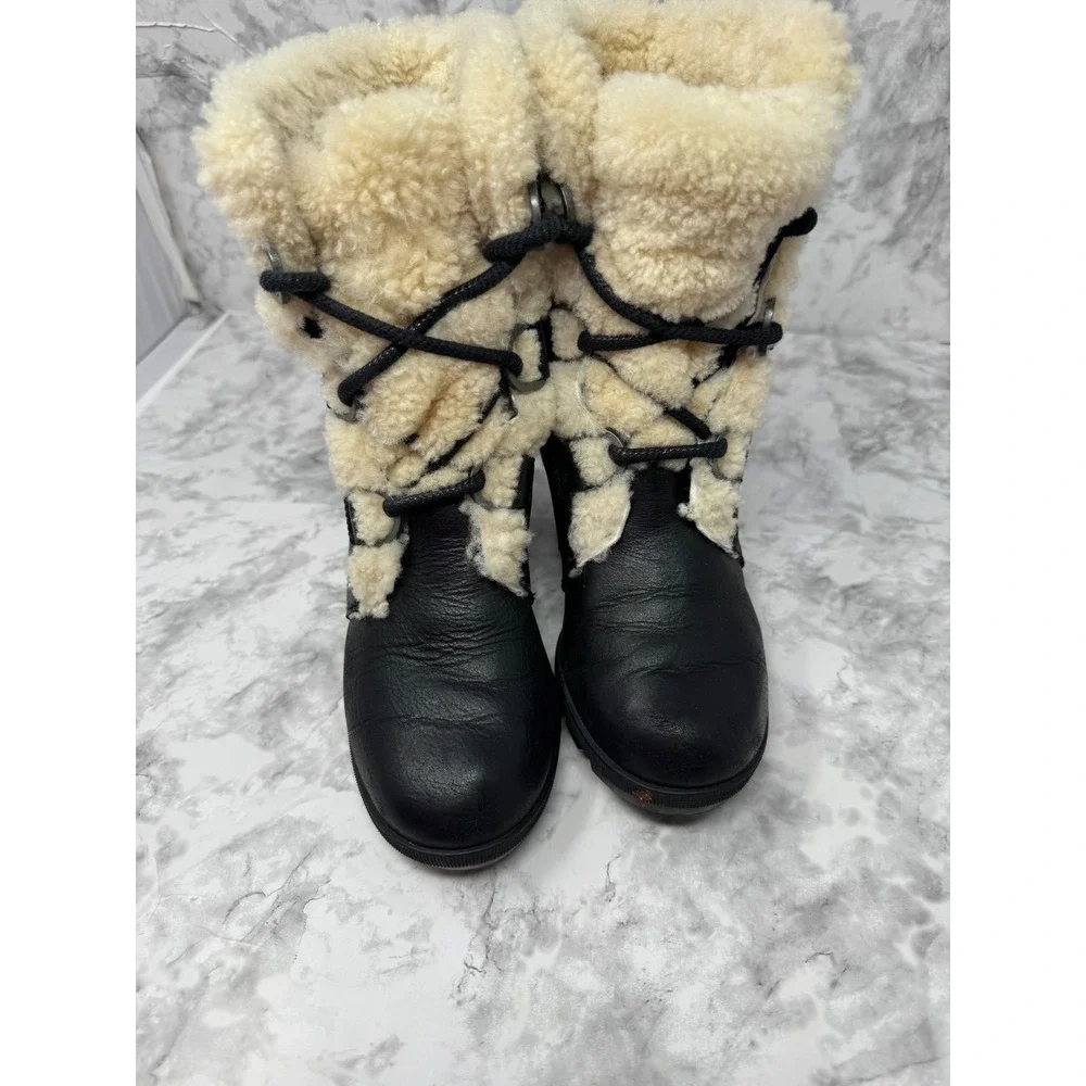 Sorel Joan of‎ Arctic 🖤Wedge II Shearling Black Leather Suede Boots sheep skin